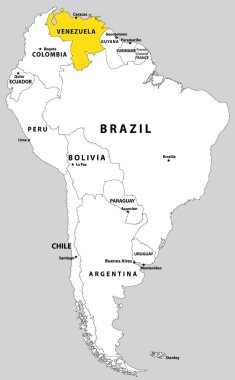 VENEZUELA 'nın vurgulanmış haritası, izole edilmiş arka planda yer alan Güney Amerika (Latin) kıtasının boş düz siyasi haritası