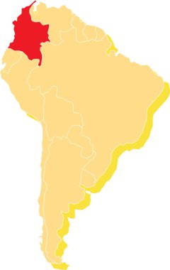 Güney Amerika (Latin) kıtasının izole edilmiş arka planındaki bomboş düzlük siyasi haritasının içindeki vurgulanmış COLOMBIA haritası