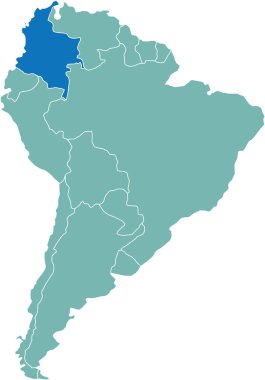 Güney Amerika (Latin) kıtasının izole edilmiş arka planındaki bomboş düzlük siyasi haritasının içindeki vurgulanmış COLOMBIA haritası