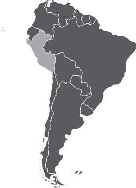 Peru 'nun, izole edilmiş arka planda yer alan Güney Amerika kıtasının detaylı ve düz politik haritası.