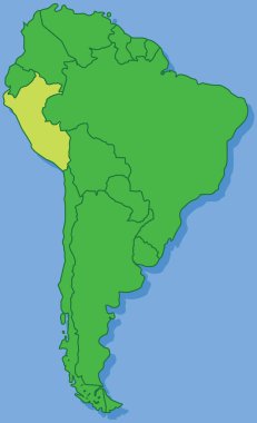 Peru 'nun, izole edilmiş arka planda yer alan Güney Amerika kıtasının detaylı ve düz politik haritası.