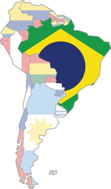 Güney Amerika 'nın (Latin) izole edilmiş arka planındaki bomboş siyasi haritasının içindeki BRAZIL' in vurgulanmış haritası