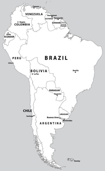 Подчеркнута детальная плоская политическая карта Южного (Латинского) американского континента на изолированном фоне