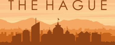 Şehir siluetinin kahverengi panoramik posteri sisli arka plan binaları, gündoğumu, bulutlar ve HAGUE dağları, NETHERLANDS