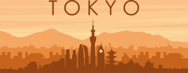 Şehir siluetinin kahverengi panoramik posteri sisli arka plan binaları, gündoğumu, bulutlar ve Tokyo dağları, Japonya