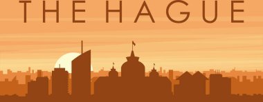 Şehir siluetinin kahverengi panoramik posteri sisli arka plan binaları, gündoğumu, bulutlar ve HAGUE dağları, NETHERLANDS