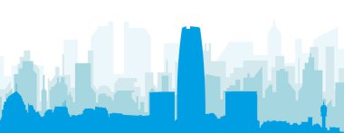 Mavi panoramik şehir gökyüzü posteri, SANTIAGO, ŞİLİ 'nin mavi, şeffaf arka plan binaları