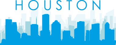 HOUSTON, Birleşik Devletler 'in mavi saydam arka plan binalarıyla mavi panoramik şehir silueti posteri