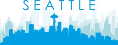 Mavi panoramik şehir silueti posteri SEATTLE, Birleşik Devletler 'in mavi saydam arka plan binaları