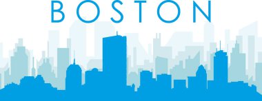 BOSTON, Birleşik Devletler 'in mavi saydam arka plan binalarıyla mavi panoramik şehir silueti posteri