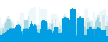 DETROIT, BİRLİK DETROIT 'un mavimsi şeffaf arka plan binalarıyla mavi panoramik şehir silueti posteri