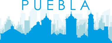 PUEBLA, MEXICO 'nun mavi saydam arka plan binalarıyla mavi panoramik şehir silueti posteri