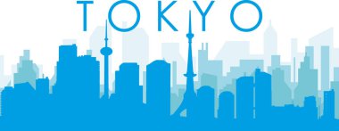 Mavi panoramik şehir silueti posteri. Üzerinde TOKYO, JAPONYA 'nın saydam mavi arka plan binaları var.