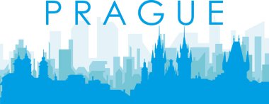 PRAGUE, CZECH REPUBLIC 'in mavi sisli arka plan binalarıyla mavi panoramik şehir silueti posteri