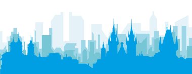 PRAGUE, CZECH REPUBLIC 'in mavi sisli arka plan binalarıyla mavi panoramik şehir silueti posteri