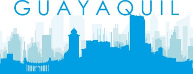 Mavi panoramik şehir gökyüzü posteri. GUAYAQUIL, ECUADOR 'un mavi saydam arka plan binaları.