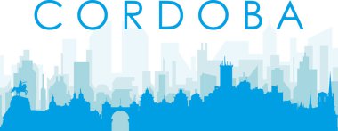CORDOBA, ARGENTINA 'nın mavi saydam arka plan binalarıyla mavi panoramik şehir silueti posteri
