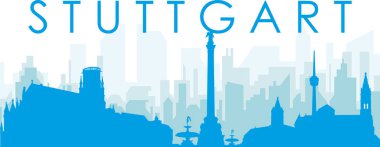STUTTGART, GERMANY 'ın mavi saydam arka plan binalarıyla mavi panoramik şehir silueti posteri