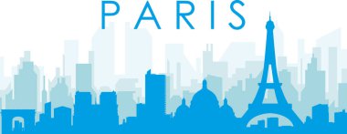 PARIS, FRANCE 'ın mavi saydam arka plan binalarıyla mavi panoramik şehir silueti posteri
