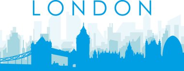 Mavi panoramik şehir silueti afişi. LONDON, UNITED KINGDOM 'un mavi saydam arka plan binaları.