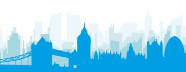 Mavi panoramik şehir silueti afişi. LONDON, UNITED KINGDOM 'un mavi saydam arka plan binaları.