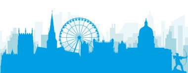 NOTTINGHAM, UNITED KINGDOM 'un mavi sisli arka plan binalarıyla mavi panoramik şehir silueti posteri