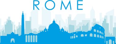 Roma, İtalya 'nın mavi saydam arka plan binalarıyla mavi panoramik şehir silueti posteri