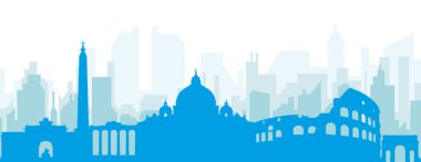 Roma, İtalya 'nın mavi saydam arka plan binalarıyla mavi panoramik şehir silueti posteri