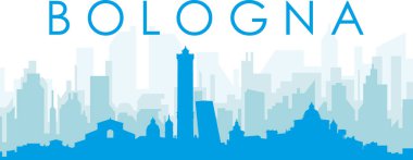 BOLOGNA, ITALY 'nin mavi saydam arka plan binalarıyla mavi panoramik şehir silueti posteri