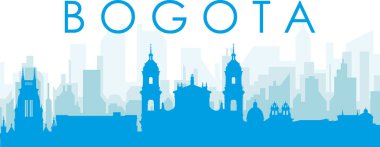 BOGOTA, COLOMBIA 'nın mavi saydam arka plan binalarıyla mavi panoramik şehir silueti posteri