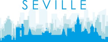Mavi panoramik şehir silueti afişi SEVILLE, SPAIN 'in mavi saydam arka plan binaları