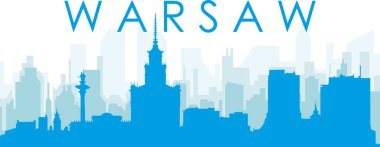 Mavi panoramik şehir gökyüzü posteri. WARSİZ, POLAND 'un mavi, şeffaf arka plan binaları.