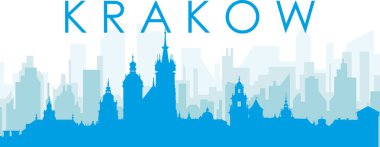 KRAKOW, POLAND 'ın mavi saydam arka plan binalarıyla mavi panoramik şehir silueti posteri