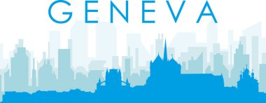 Mavi panoramik şehir gökyüzü posteri. GENEVA, SWitzERLAND 'ın mavi saydam arka plan binaları.