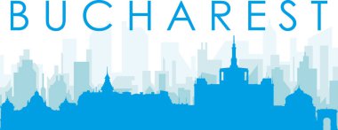 Mavi panoramik şehir gökyüzü posteri, BÜKREŞ, ROMANIA 'nın mavi, şeffaf arka plan binaları