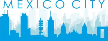 Mavi panoramik şehir silueti afişi, Mavimsi saydam arka plan binaları, MEXICO CITY, MEXICO