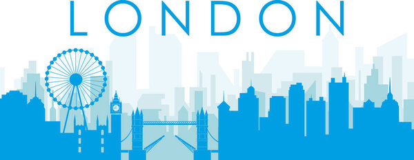 Blue panoramic city skyline poster with bluish misty transparent background buildings of LONDON, UNITED KINGDOM