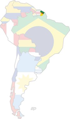 FRENCH GUIANA 'nın vurgulanmış haritası, izole edilmiş arka planda yer alan Güney Amerika (Latin) kıtasının boş düz siyasi haritası