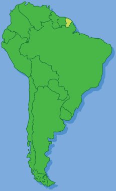 FRENCH GUIANA 'nın vurgulanmış haritası, izole edilmiş arka planda yer alan Güney Amerika (Latin) kıtasının boş düz siyasi haritası