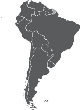 FRENCH GUIANA 'nın vurgulanmış haritası, izole edilmiş arka planda yer alan Güney Amerika (Latin) kıtasının boş düz siyasi haritası