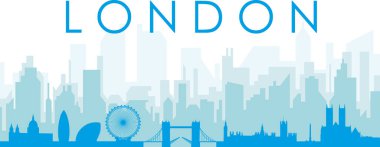 Mavi panoramik şehir silueti afişi. LONDON, UNITED KINGDOM 'un mavi saydam arka plan binaları.