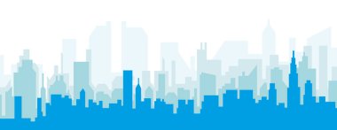 Mavi panoramik şehir silueti afişi, mavi saydam arka plan binaları, Şikago, Birleşik Devletler
