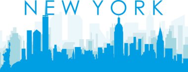Mavi panoramik şehir silueti posteri. Üzerinde New York, Birleşik Devletler 'in saydam mavi arka plan binaları.
