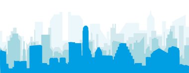 Mavi panoramik şehir silueti afişi AUSTIN 'in mavi saydam arka plan binaları, Birleşik Devletler