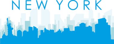 Mavi panoramik şehir silueti posteri. Üzerinde New York, Birleşik Devletler 'in saydam mavi arka plan binaları.