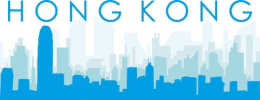 Mavi panoramik şehir silueti afişi ve Hong KONG 'un sisli arka plan binaları.