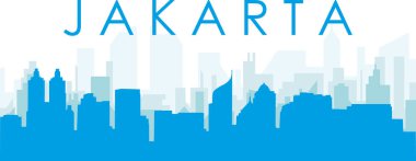Mavi panoramik şehir gökyüzü posteri. Mavi sisli arka plan binaları JAKARTA, INDONESIA
