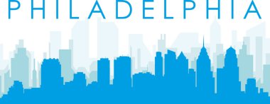 PHILADELPHIA 'nın mavi saydam arka plan binalarıyla mavi panoramik şehir silueti posteri, Birleşik Devletler