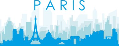 PARIS, FRANCE 'ın mavi saydam arka plan binalarıyla mavi panoramik şehir silueti posteri