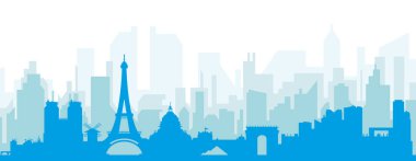 PARIS, FRANCE 'ın mavi saydam arka plan binalarıyla mavi panoramik şehir silueti posteri